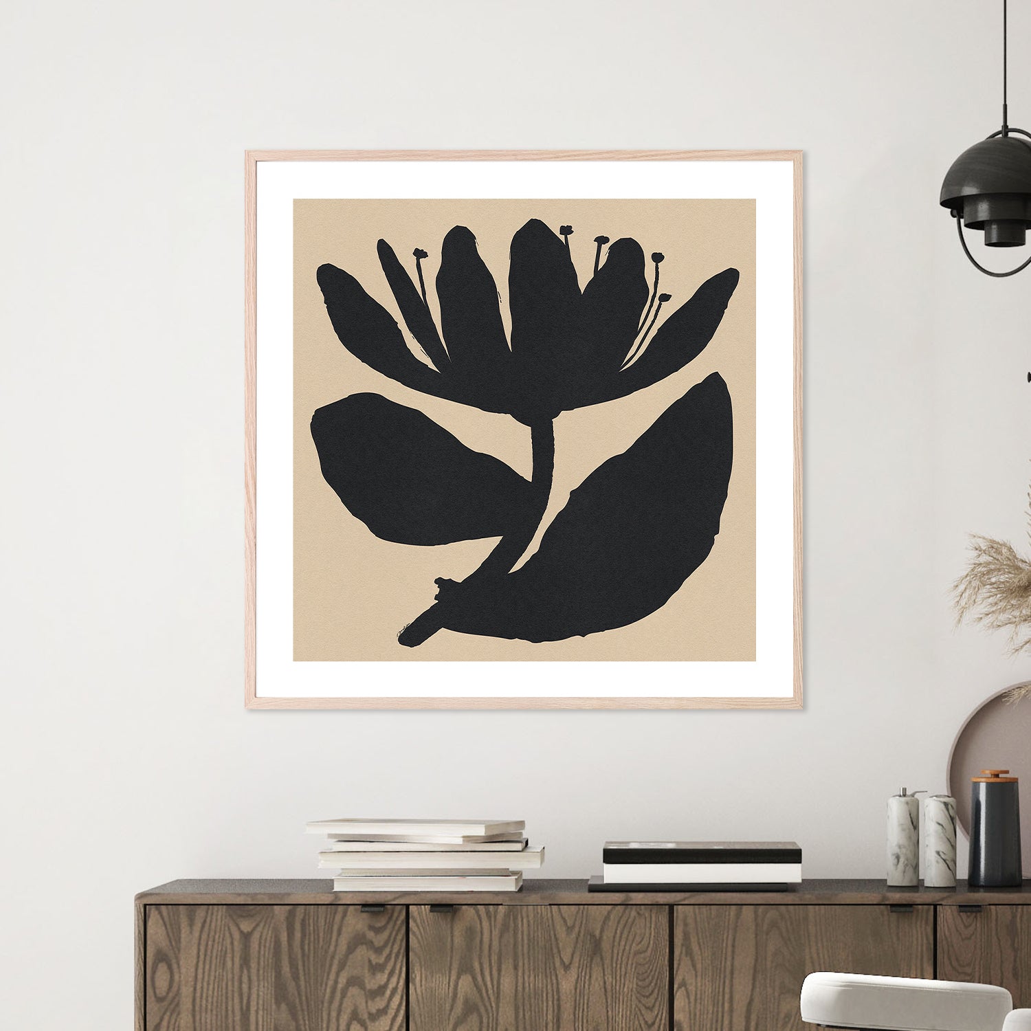 wall-art-print-canvas-poster-framed-Open Black Flower On Beige-8