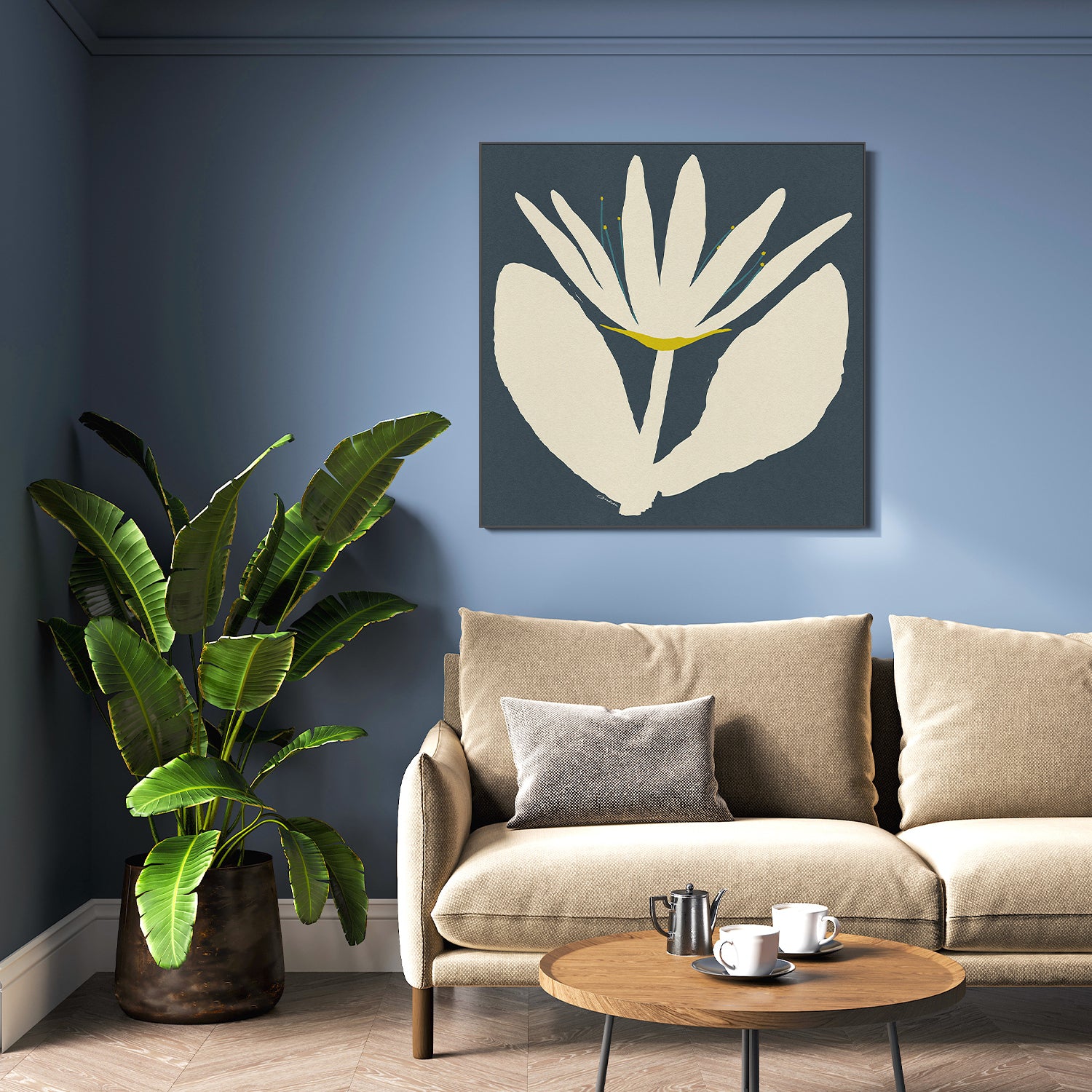 wall-art-print-canvas-poster-framed-Open Cream Flower On Blue-7