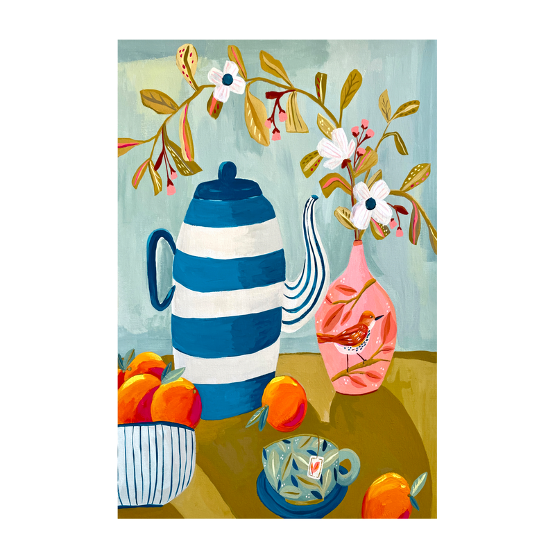 wall-art-print-canvas-poster-framed-Orange Bird Tea Time , By Kelly Angelovic-1