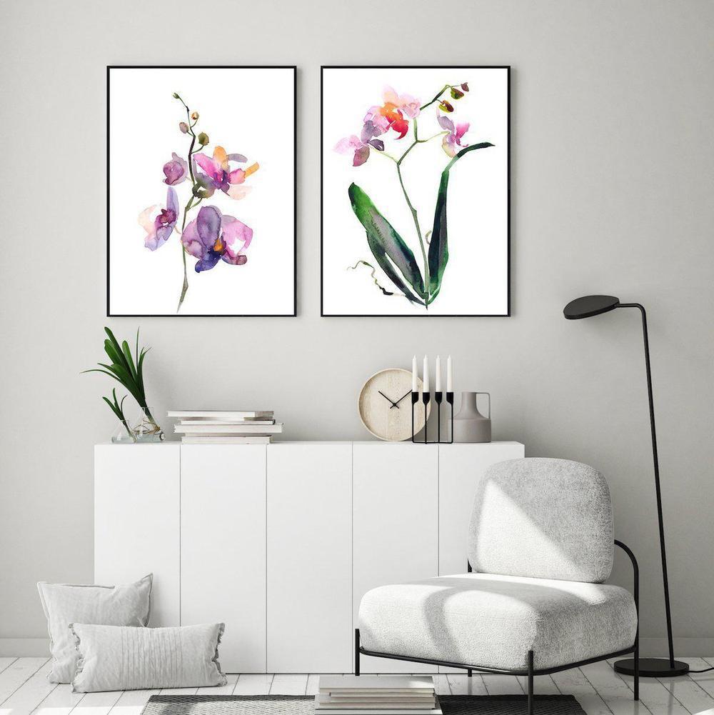 wall-art-print-canvas-poster-framed-Orchid Painting, Watercolour Style, Set Of 2-by-Gioia Wall Art-Gioia Wall Art