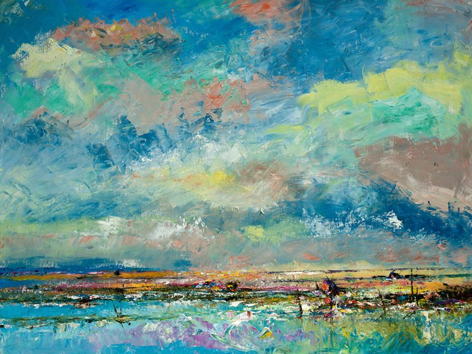 wall-art-print-canvas-poster-framed-OVER THE BLUE AND GREEN LAKE, HAND-PAINTED STRETCHED CANVAS 60x90cm-1