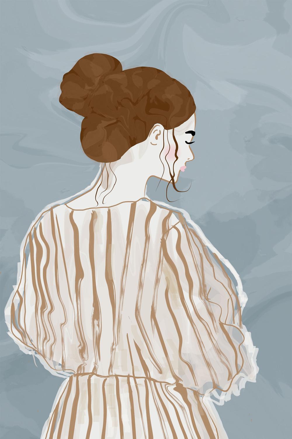 wall-art-print-canvas-poster-framed-Pensive Woman Striped Dress-1