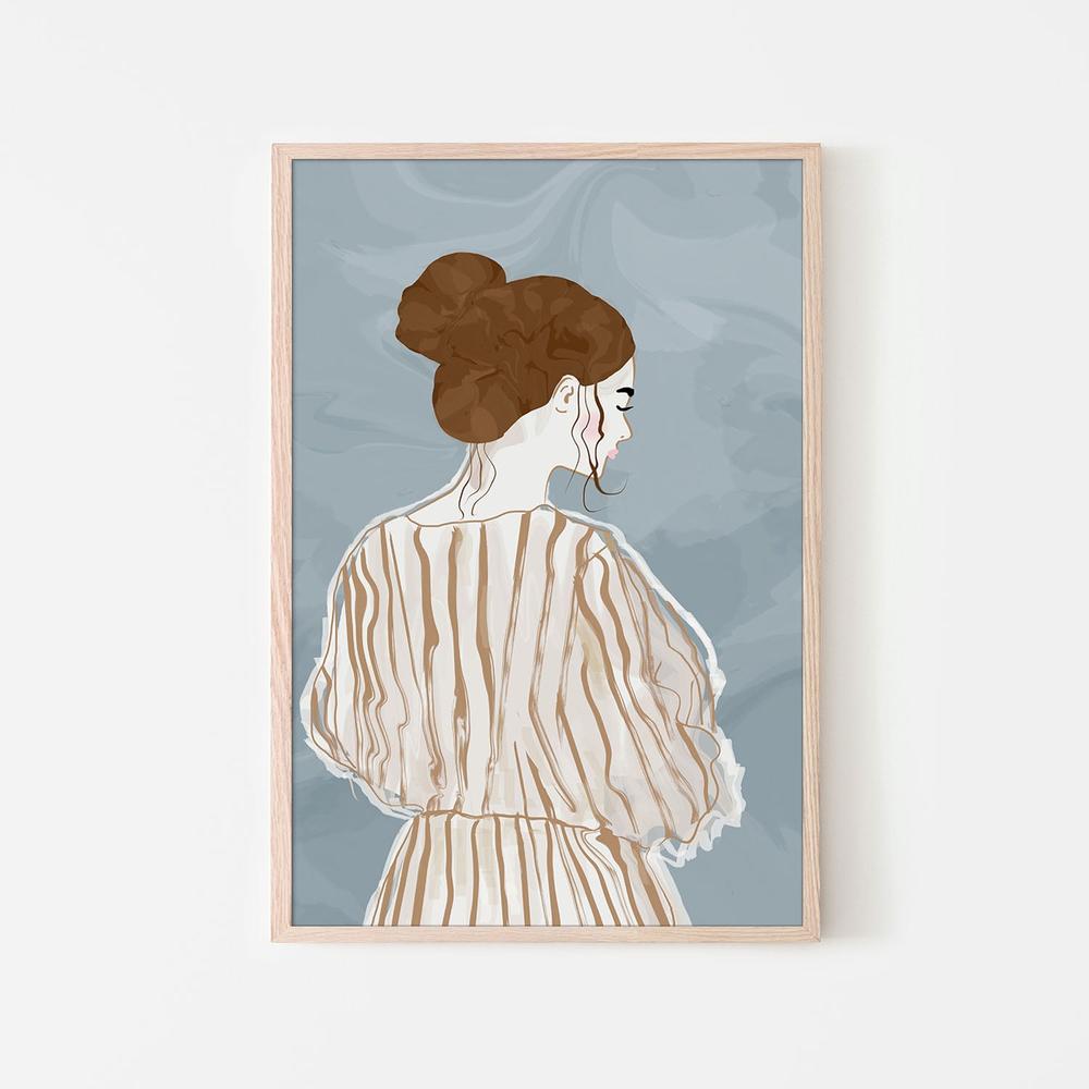 wall-art-print-canvas-poster-framed-Pensive Woman Striped Dress-6