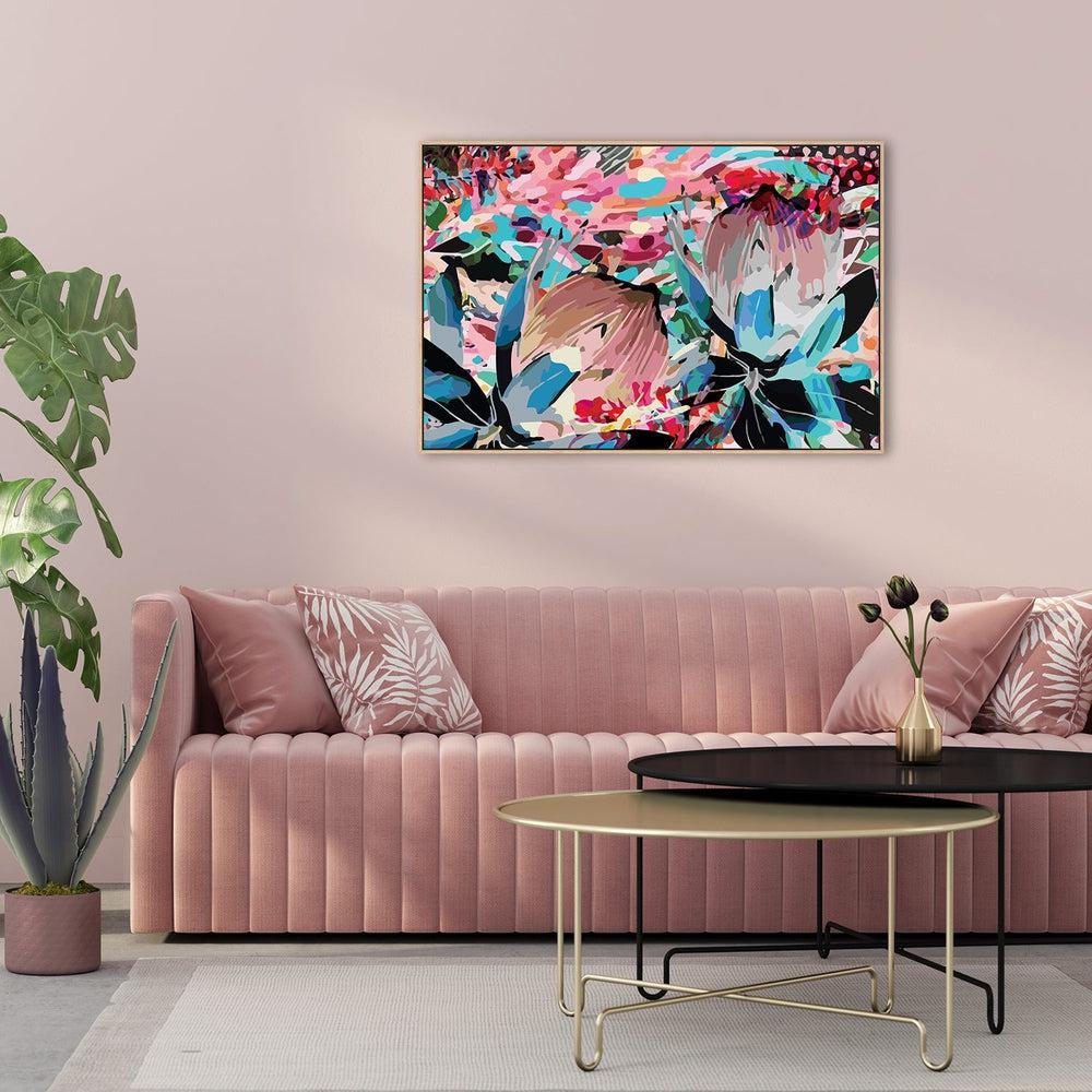 Pink And Blue Protea Wall Art Print Framed Canvas Poster
