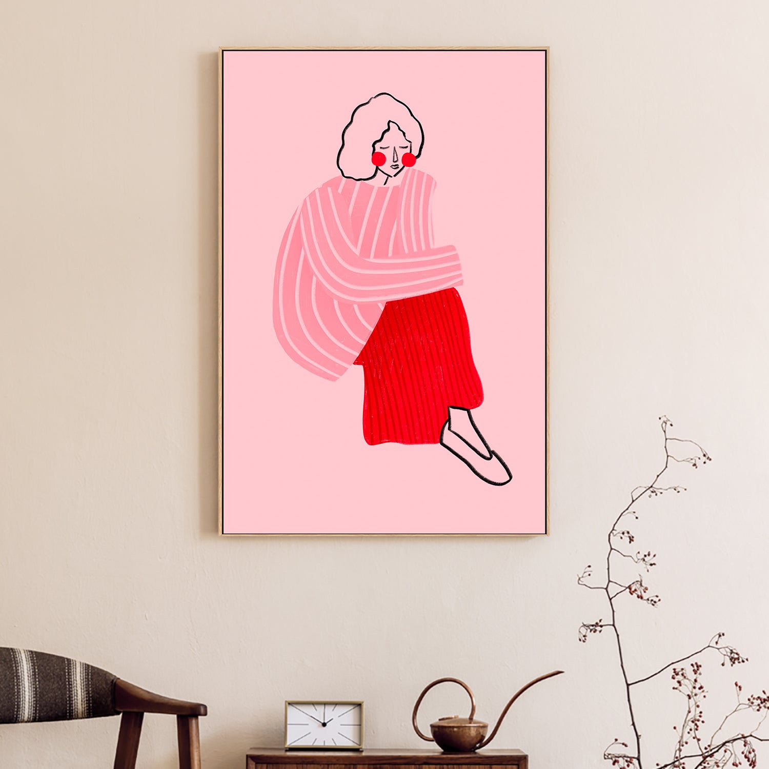 wall-art-print-canvas-poster-framed-Pink and Red Line Lady-2