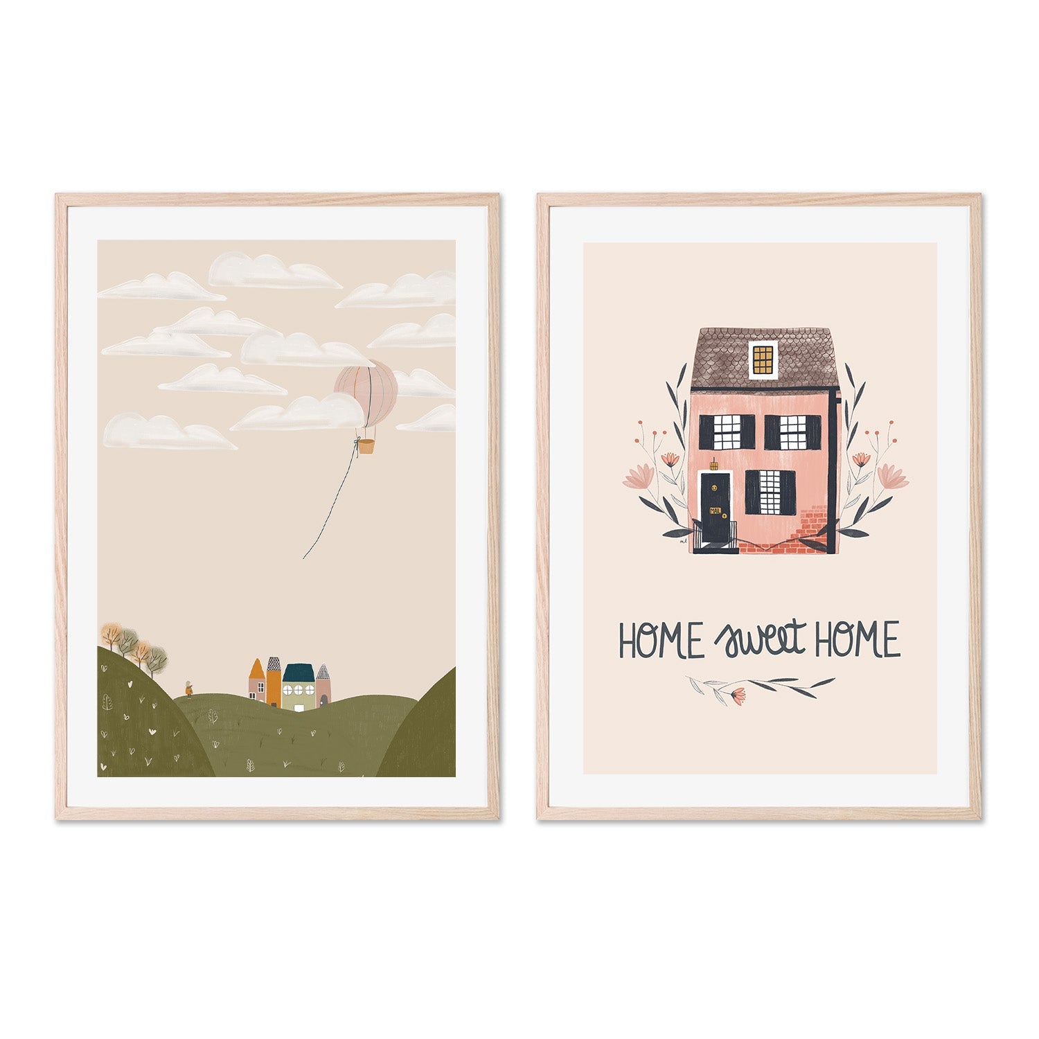 wall-art-print-canvas-poster-framed-Pink Hot Air Balloon and Home Sweet Home, Set Of 2 , By Menina Lisboa-5