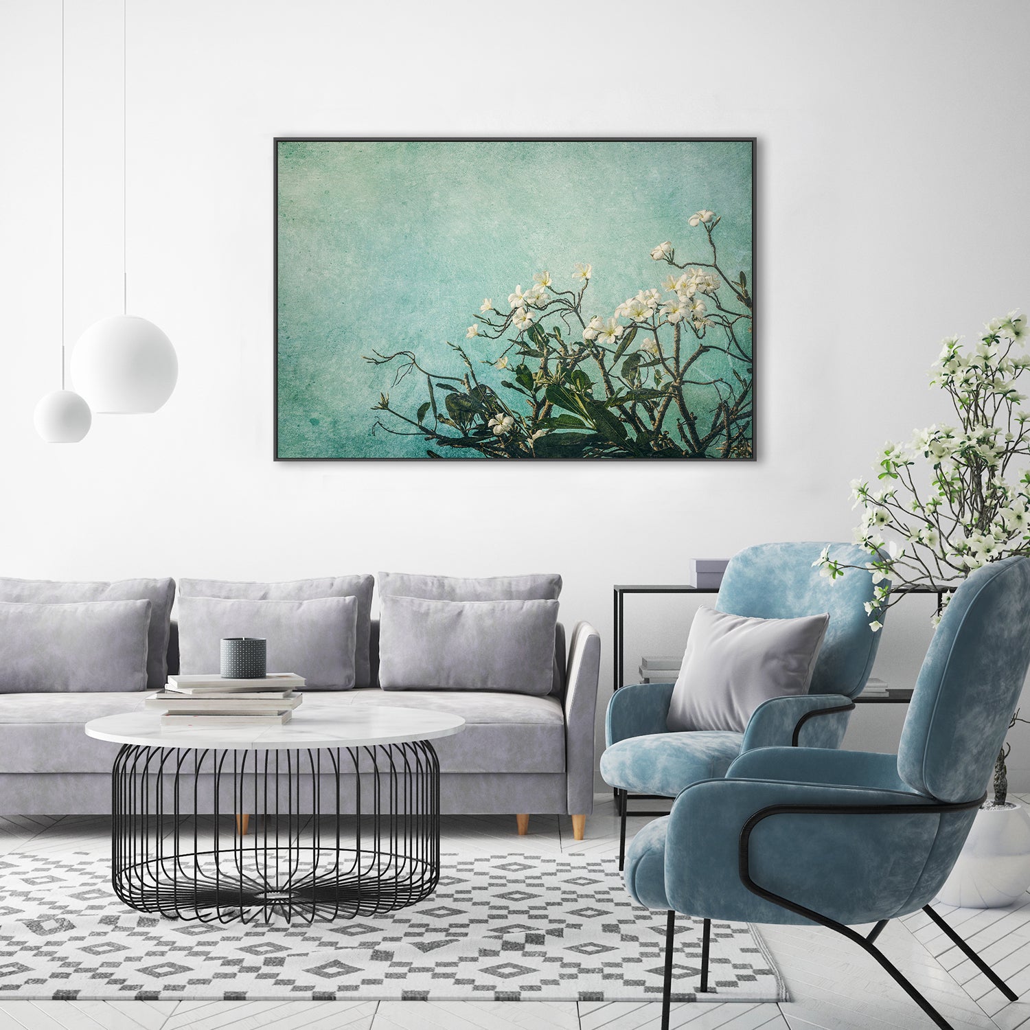 wall-art-print-canvas-poster-framed-Plumeria Flowers on an Aqua Textured Background, Augmentation , By Andrew Paranavitana-8