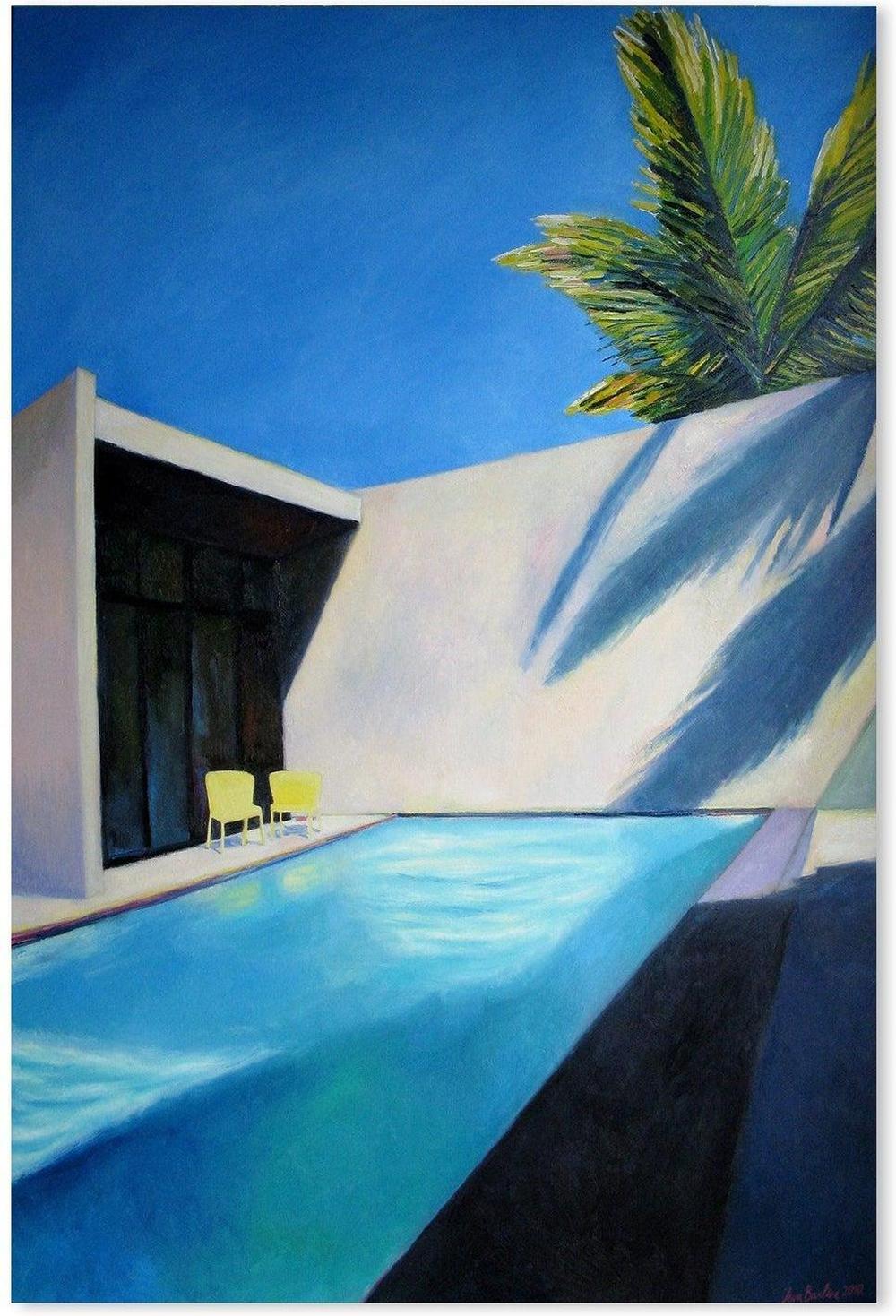 wall-art-print-canvas-poster-framed-Pool and two yellow chairs-by-Ieva Baklane-Gioia Wall Art