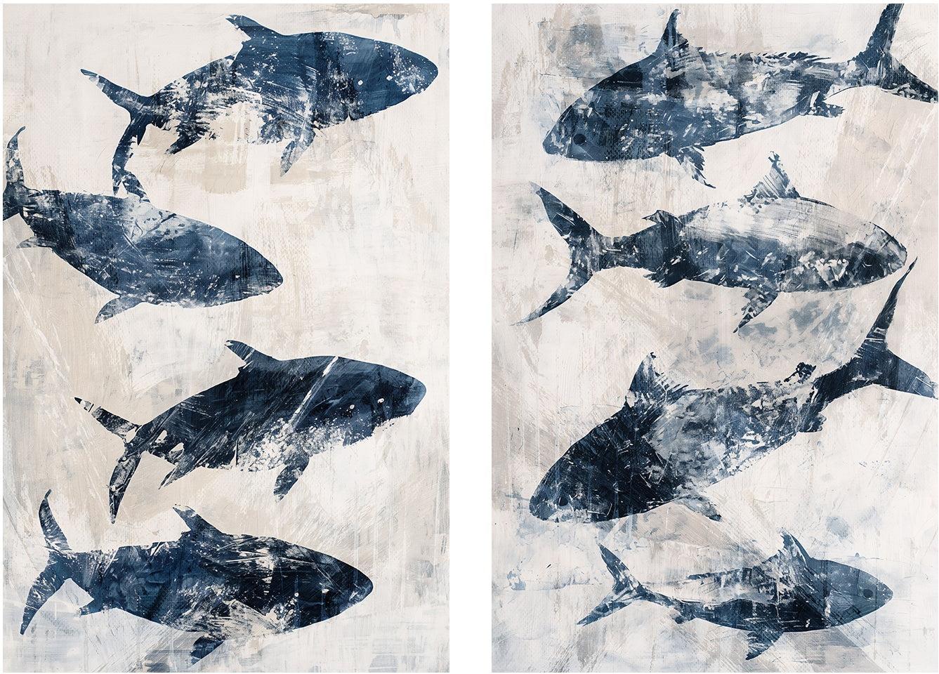 Primative Navy Fish, Style A & B, Set Of 2 , By Nina Blue,Wall Art