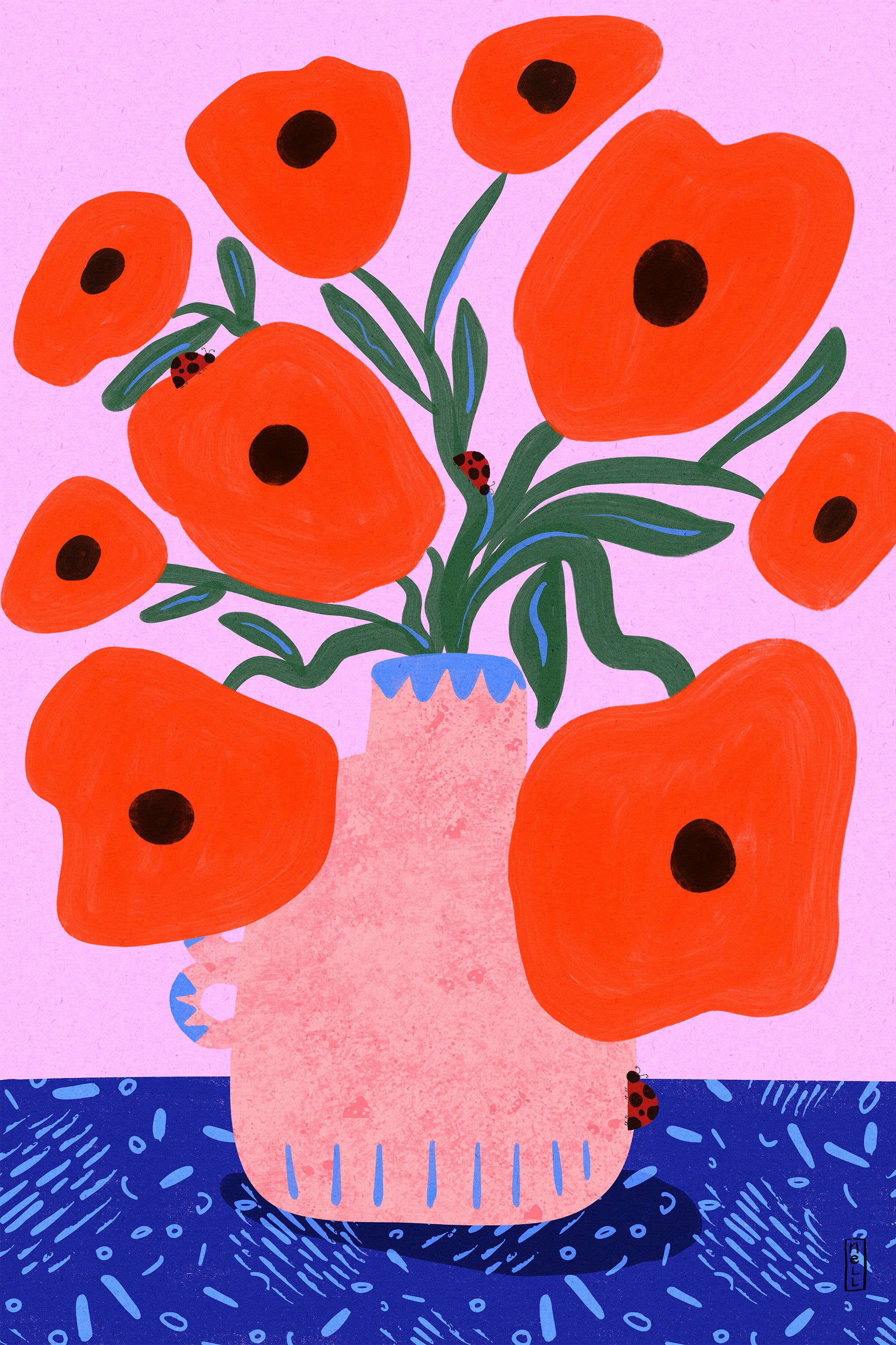 wall-art-print-canvas-poster-framed-Red Poppies and Ladybirds Floral Illustration-1