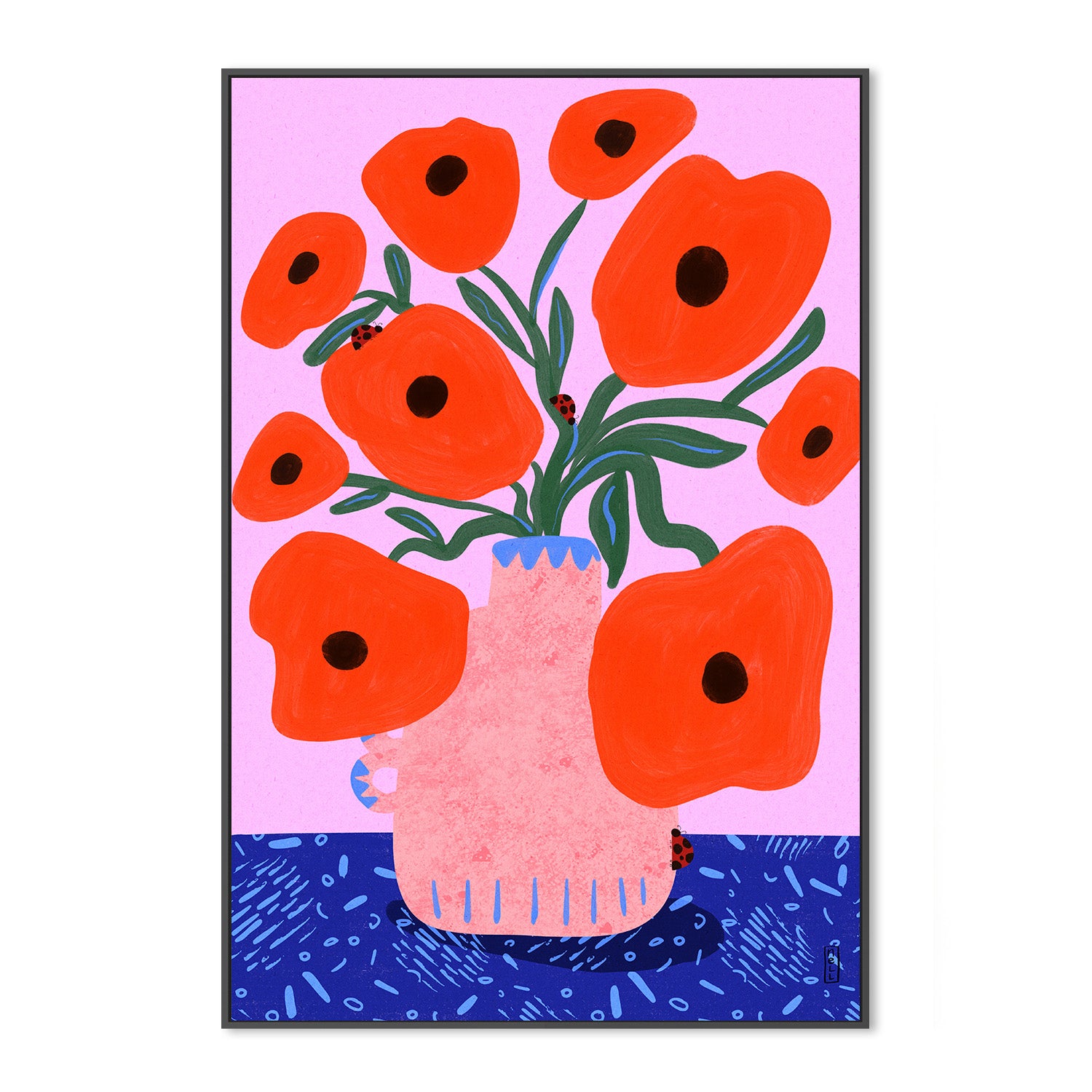 wall-art-print-canvas-poster-framed-Red Poppies and Ladybirds Floral Illustration-3
