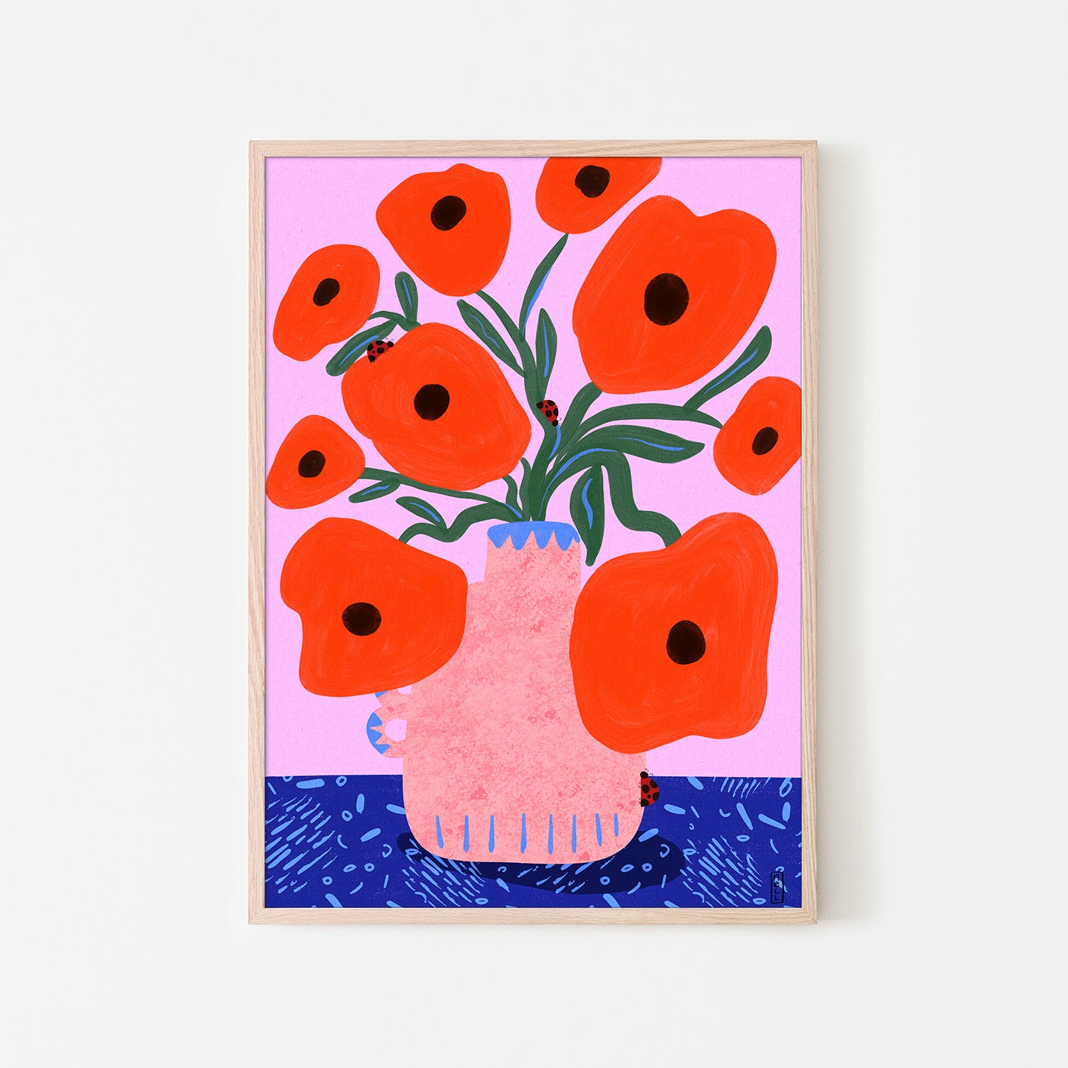 wall-art-print-canvas-poster-framed-Red Poppies and Ladybirds Floral Illustration-6