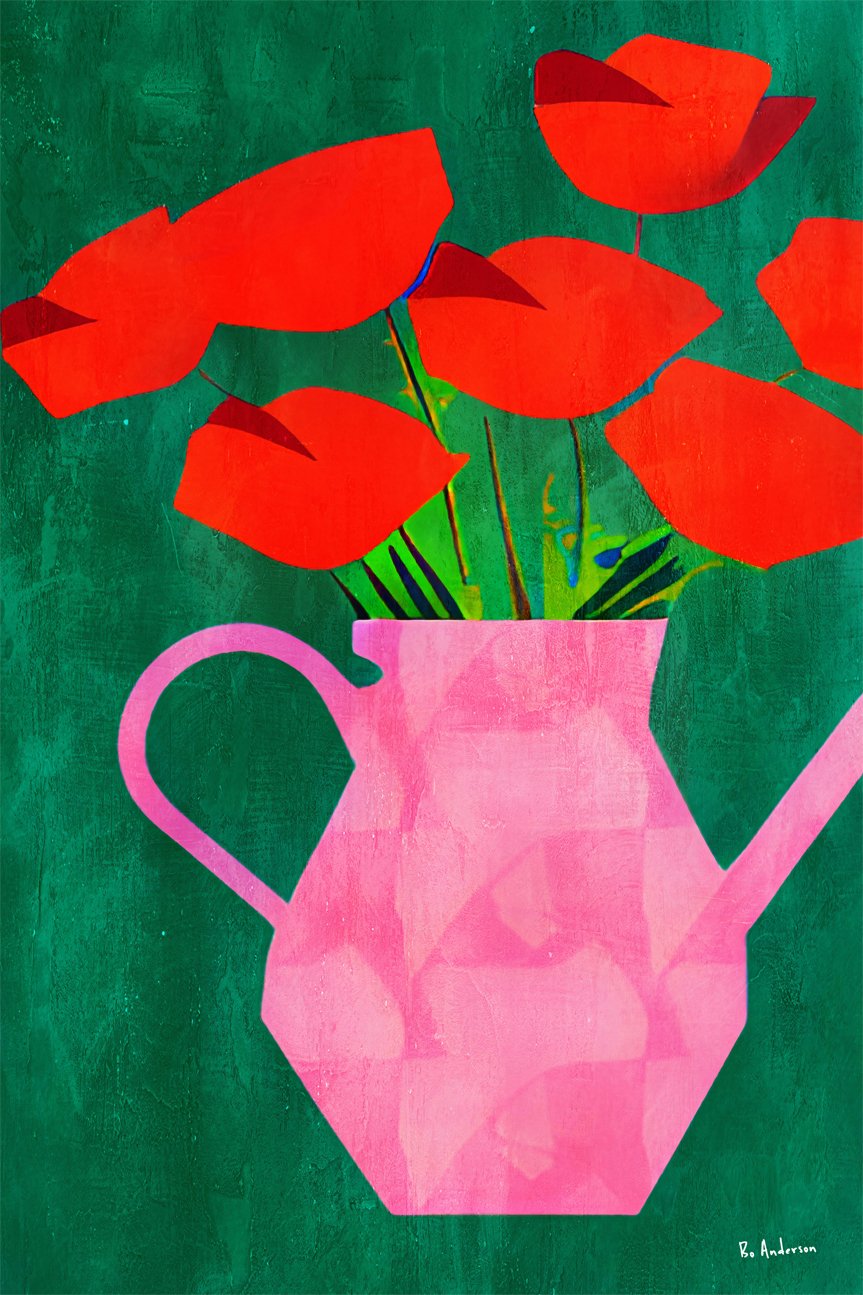 wall-art-print-canvas-poster-framed-Red Poppies In A Pink Vase , By Bo Anderson-1