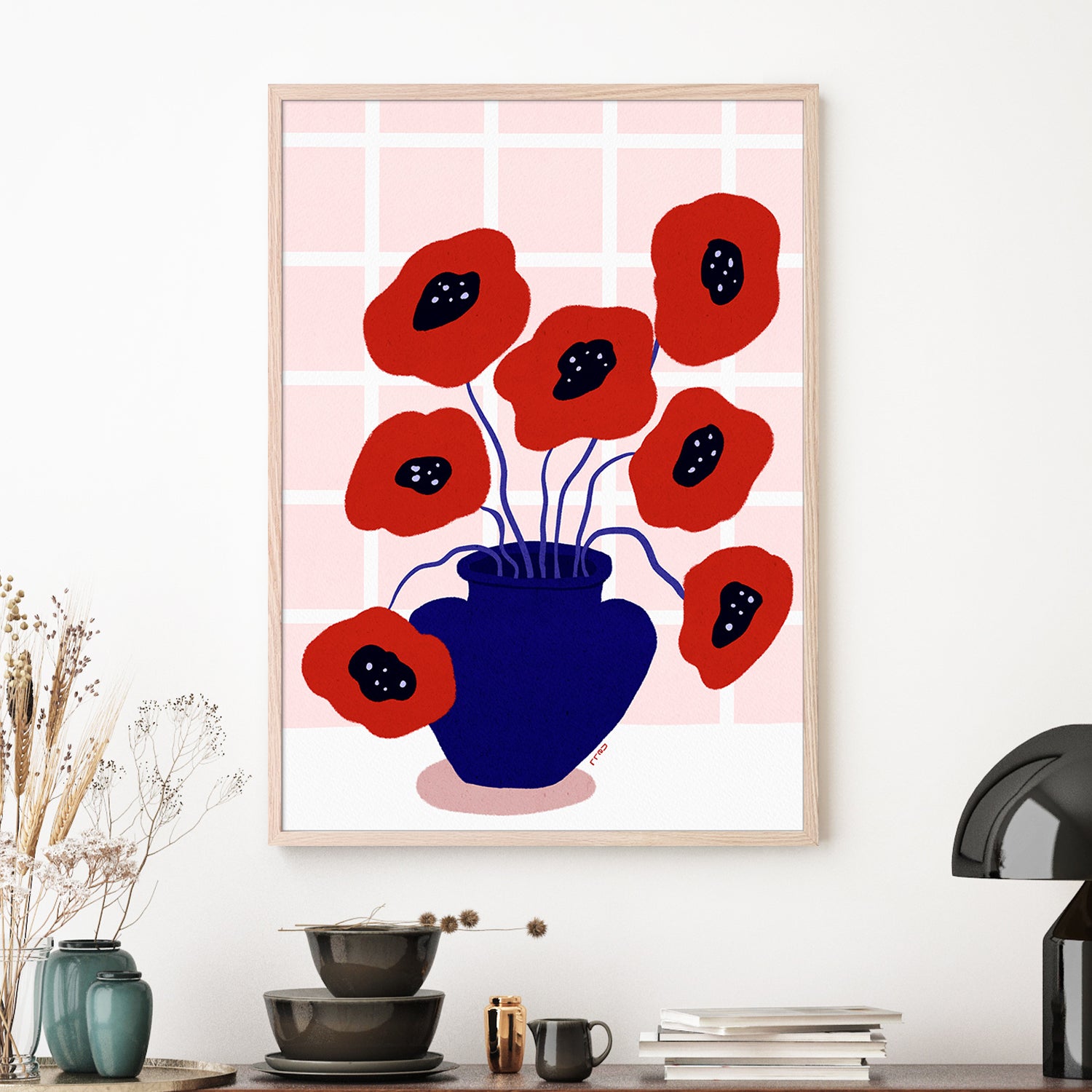 wall-art-print-canvas-poster-framed-Red Poppies In a Vase Illustration-7