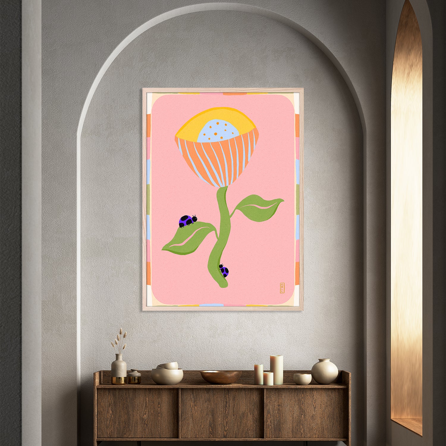 wall-art-print-canvas-poster-framed-Retro Bell Flower and Ladybirds-2
