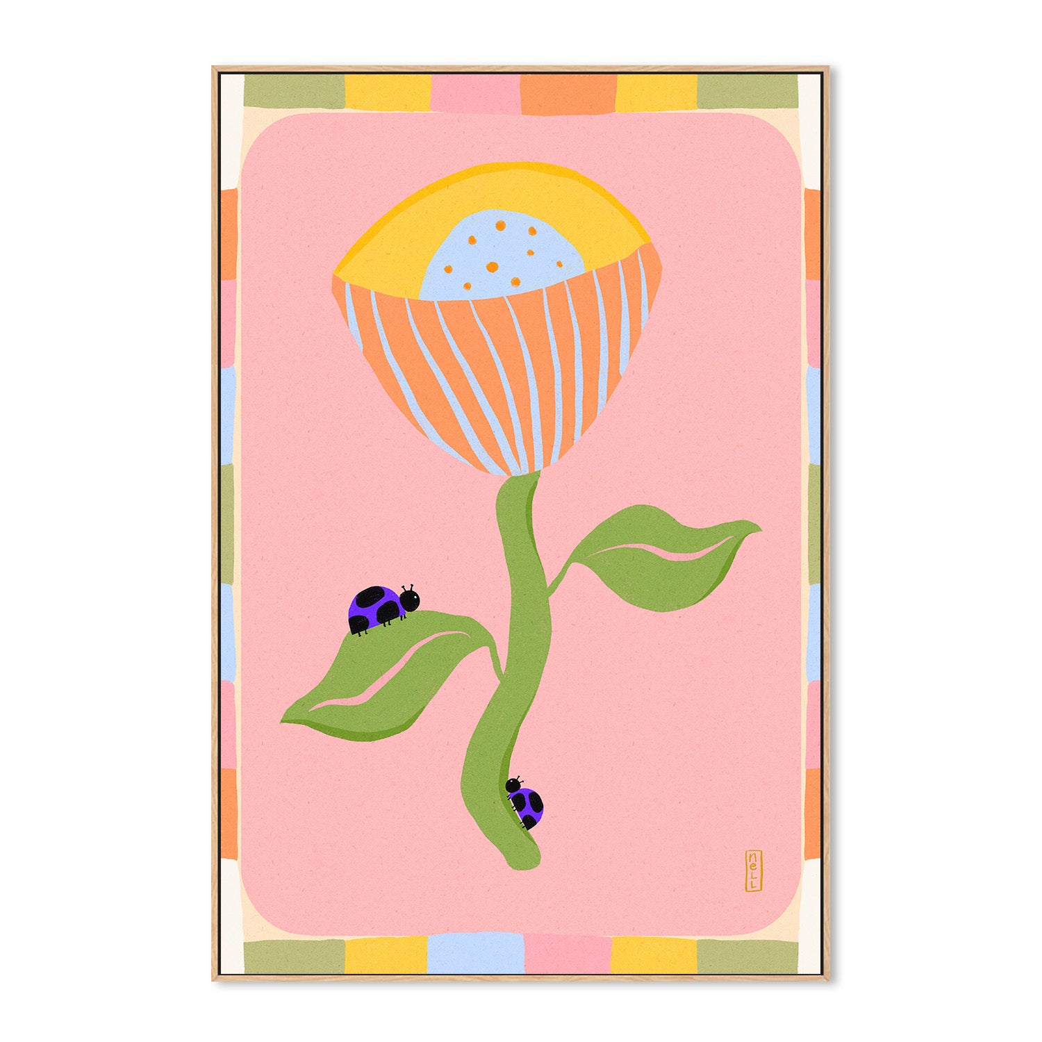 wall-art-print-canvas-poster-framed-Retro Bell Flower and Ladybirds-4