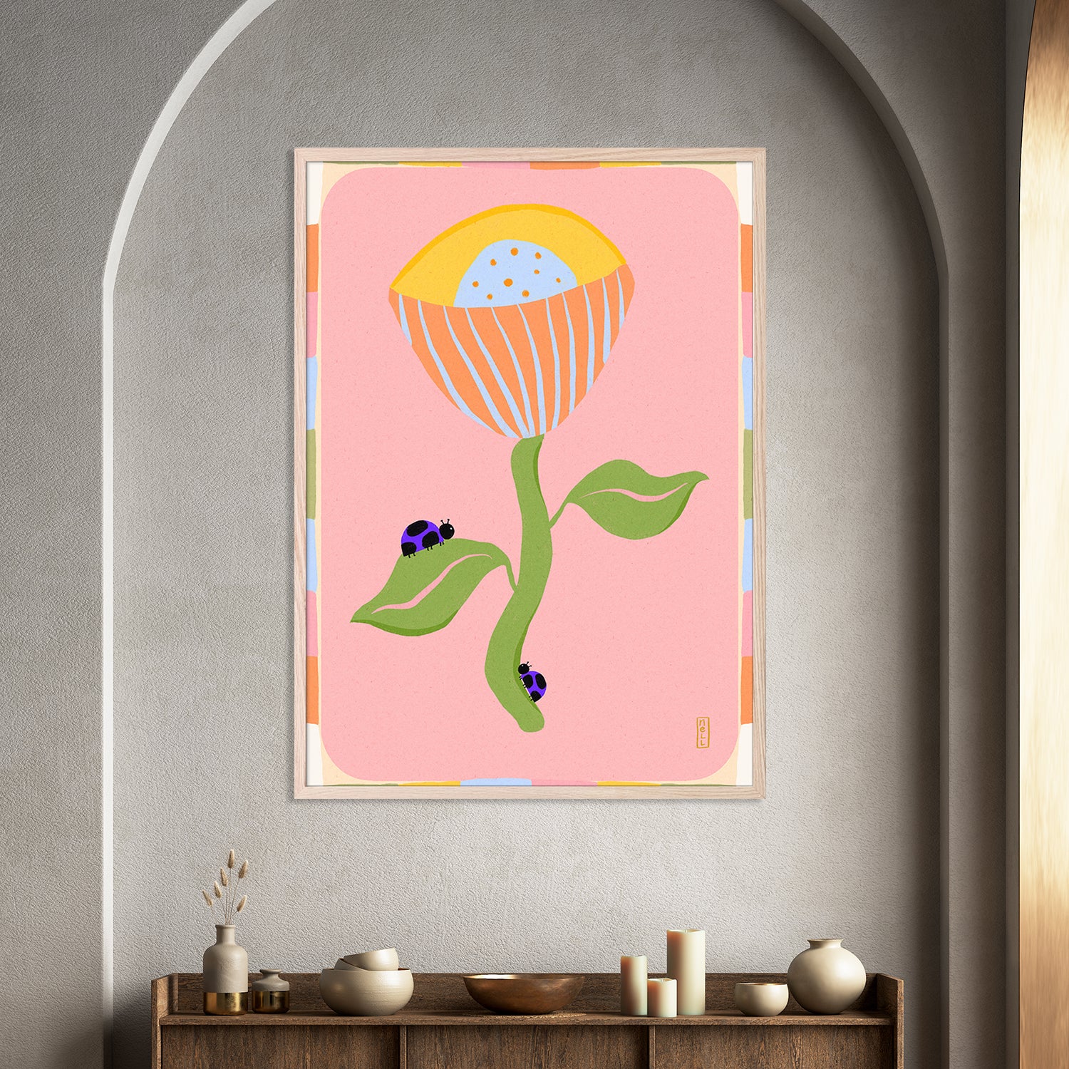wall-art-print-canvas-poster-framed-Retro Bell Flower and Ladybirds-7