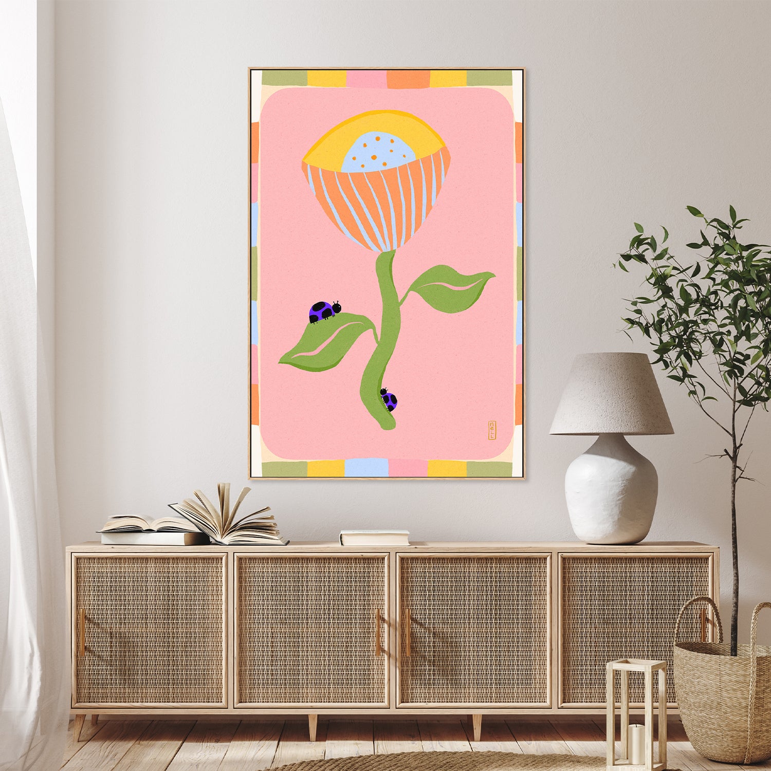 wall-art-print-canvas-poster-framed-Retro Bell Flower and Ladybirds-8