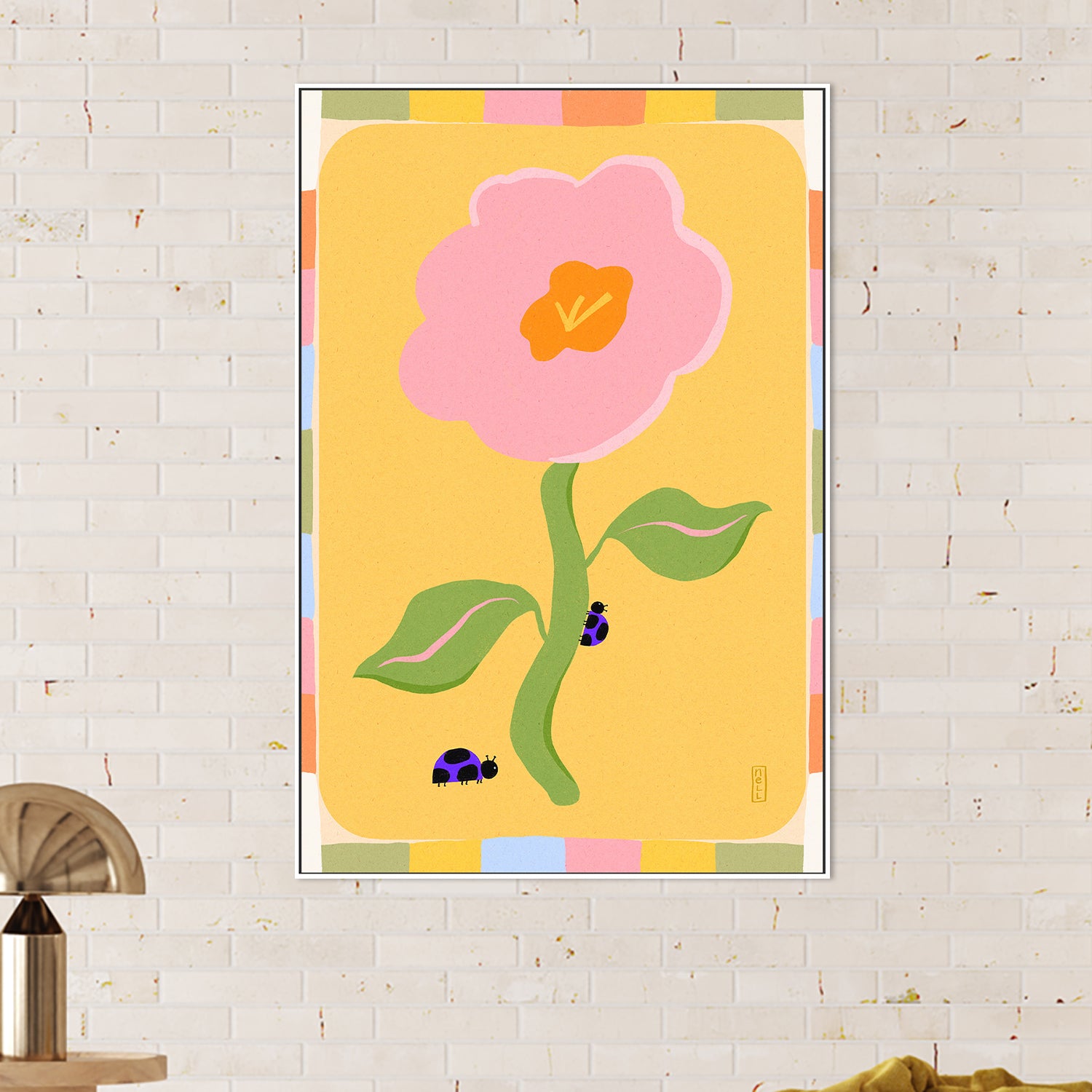 wall-art-print-canvas-poster-framed-Retro Floral Daisy with Ladybirds-2