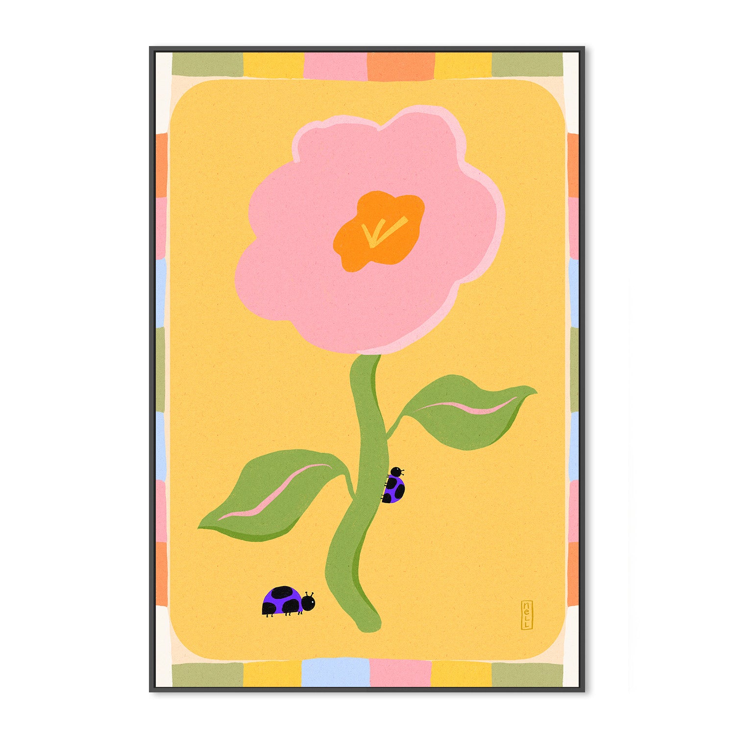 wall-art-print-canvas-poster-framed-Retro Floral Daisy with Ladybirds-3