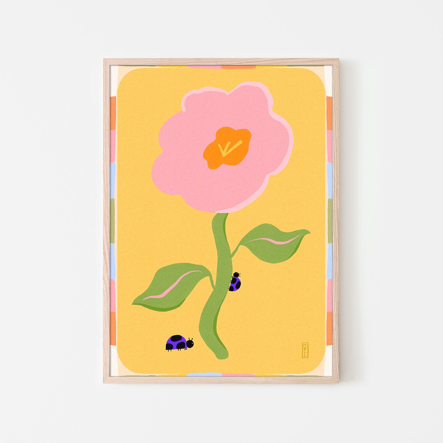wall-art-print-canvas-poster-framed-Retro Floral Daisy with Ladybirds-6