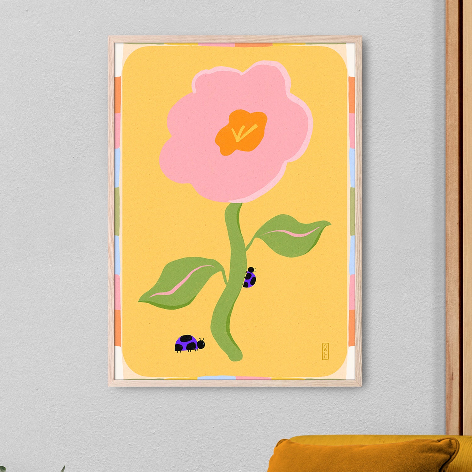 wall-art-print-canvas-poster-framed-Retro Floral Daisy with Ladybirds-7