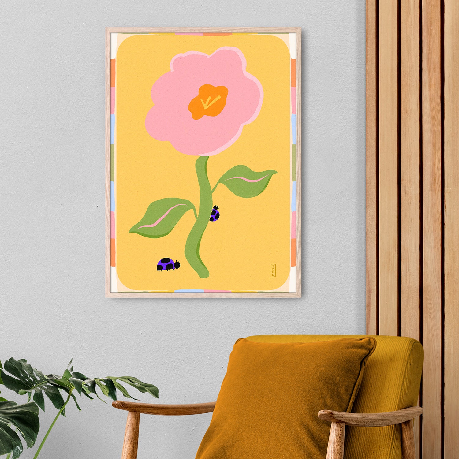 wall-art-print-canvas-poster-framed-Retro Floral Daisy with Ladybirds-8