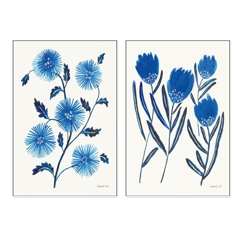 wall-art-print-canvas-poster-framed-Saphire Blue Flowers, Style A & B, Set Of 2 , By Danhui Nai-GIOIA-WALL-ART