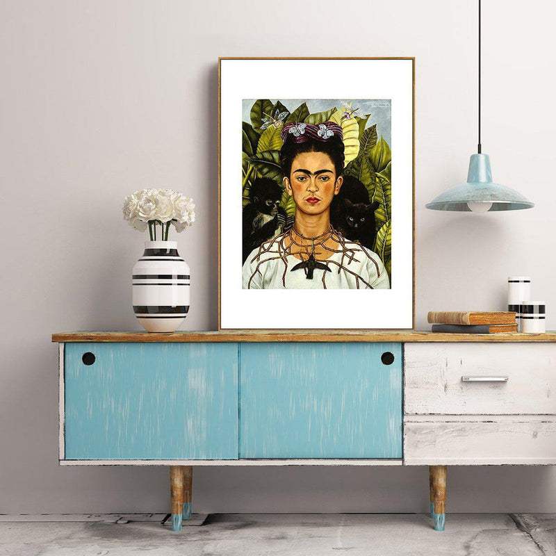 wall-art-print-canvas-poster-framed-Self Portrait With Thorn Necklace And Hummingbird, By Frida Kahlo-by-Gioia Wall Art-Gioia Wall Art