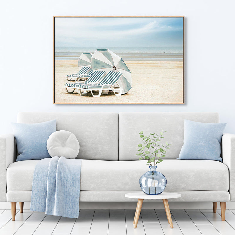 wall-art-print-canvas-poster-framed-Striped Beach Chairs And Umbrellas , By Gilbert Claes-GIOIA-WALL-ART