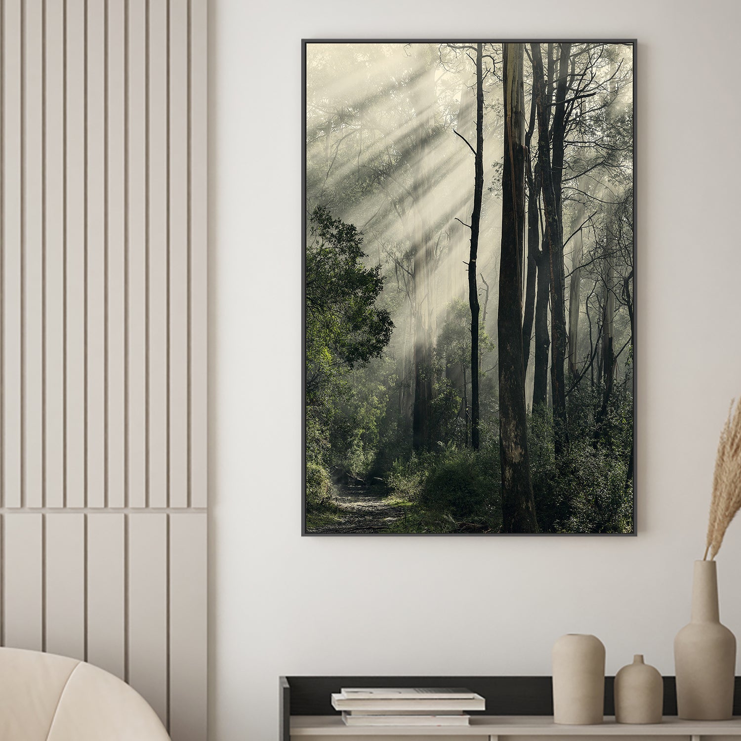 wall-art-print-canvas-poster-framed-Sunbeams through Fog in a Forest, Anóthen , By Andrew Paranavitana-3