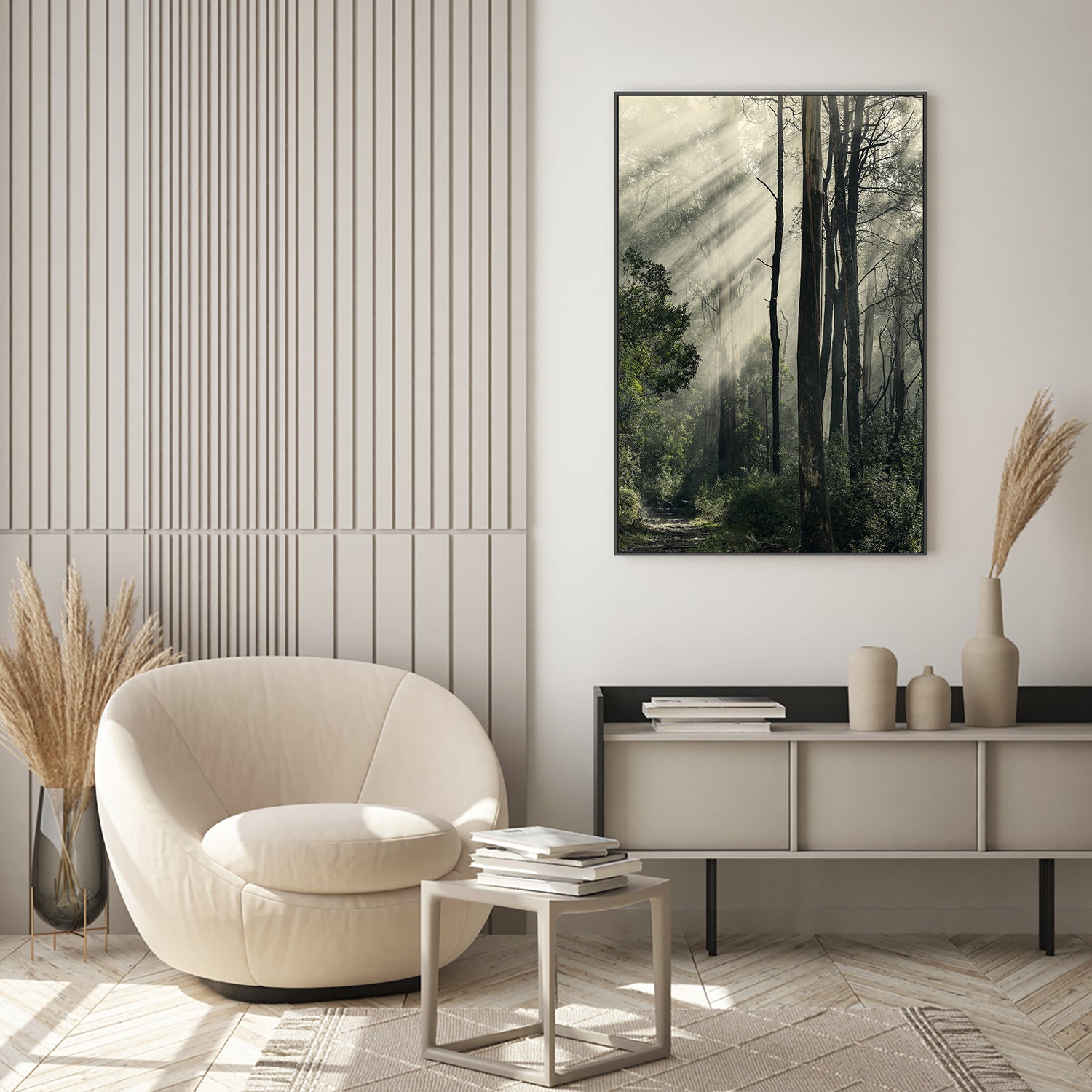 wall-art-print-canvas-poster-framed-Sunbeams through Fog in a Forest, Anóthen , By Andrew Paranavitana-8