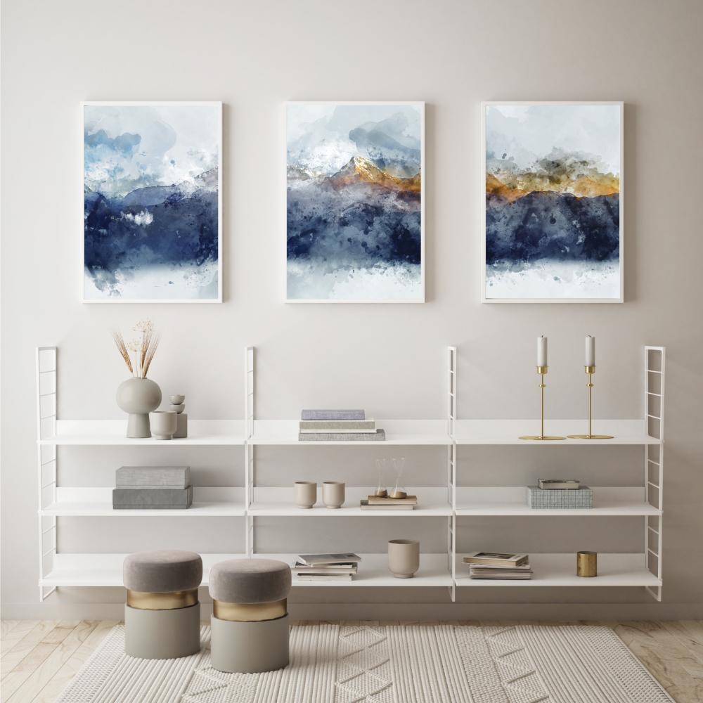 Sunlight Mountains, Abstract Art, Set Of 3 Wall Art Print Framed