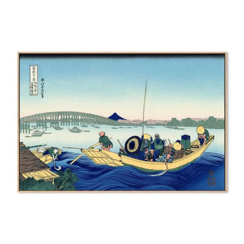 wall-art-print-canvas-poster-framed-Sunset across the Ryogoku bridge from the bank of the Sumida river at Onmagayashi-by-Katsushika Hokusai-Gioia Wall Art