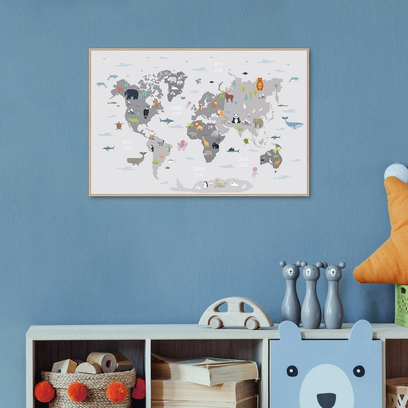 wall-art-print-canvas-poster-framed-The Animals' World Map-by-Gioia Wall Art-Gioia Wall Art