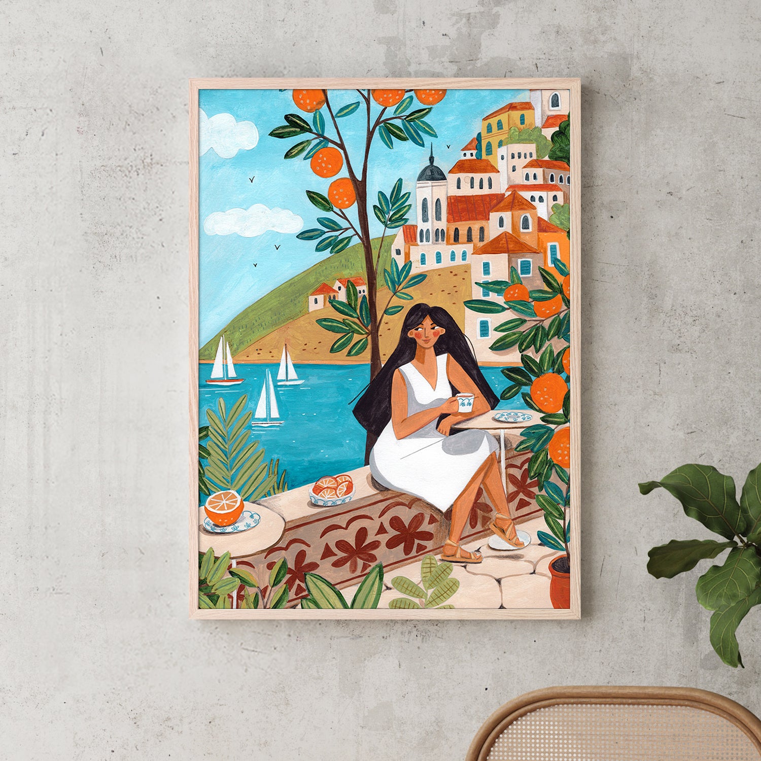wall-art-print-canvas-poster-framed-Travel poster woman in Mediterranean coast-2