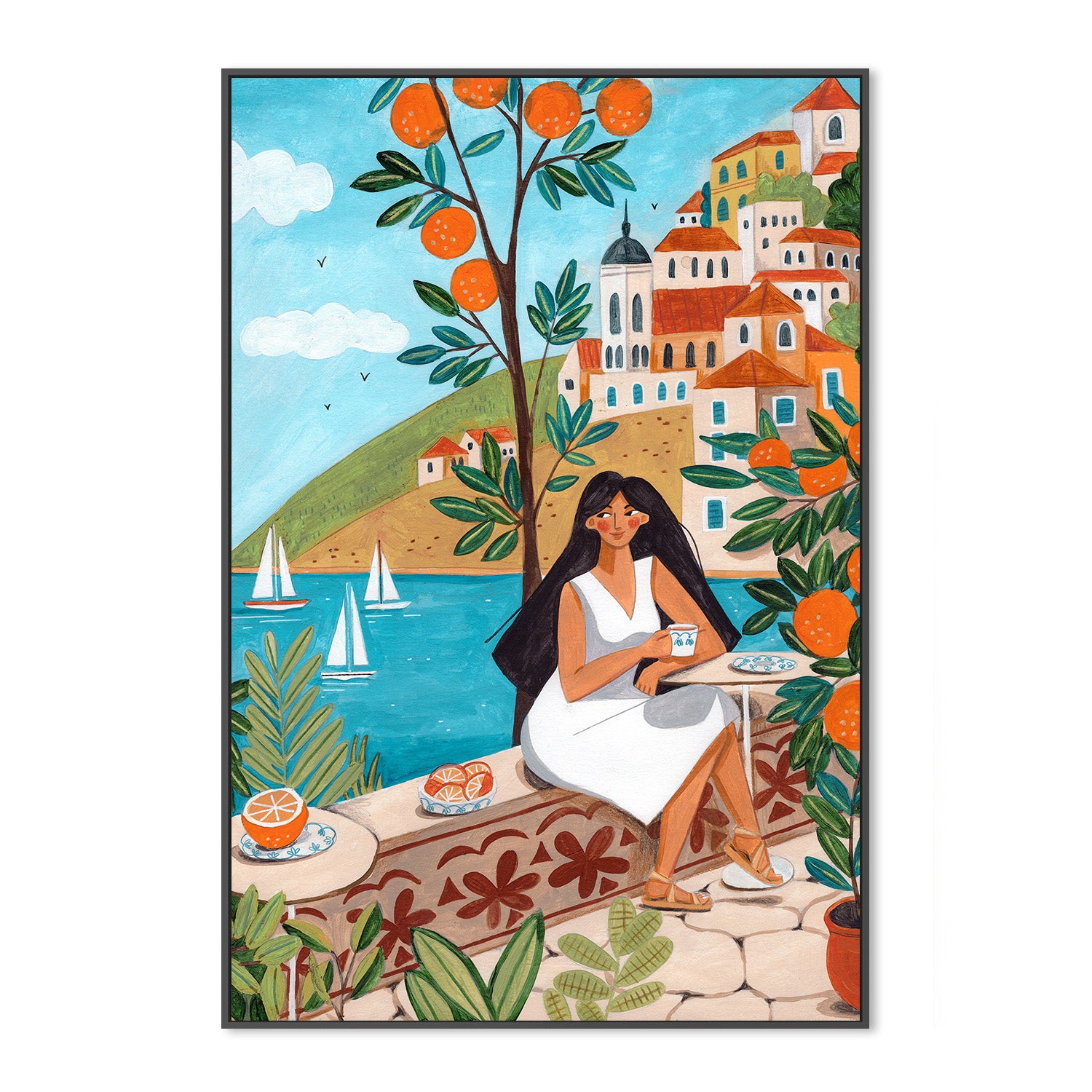 wall-art-print-canvas-poster-framed-Travel poster woman in Mediterranean coast-3