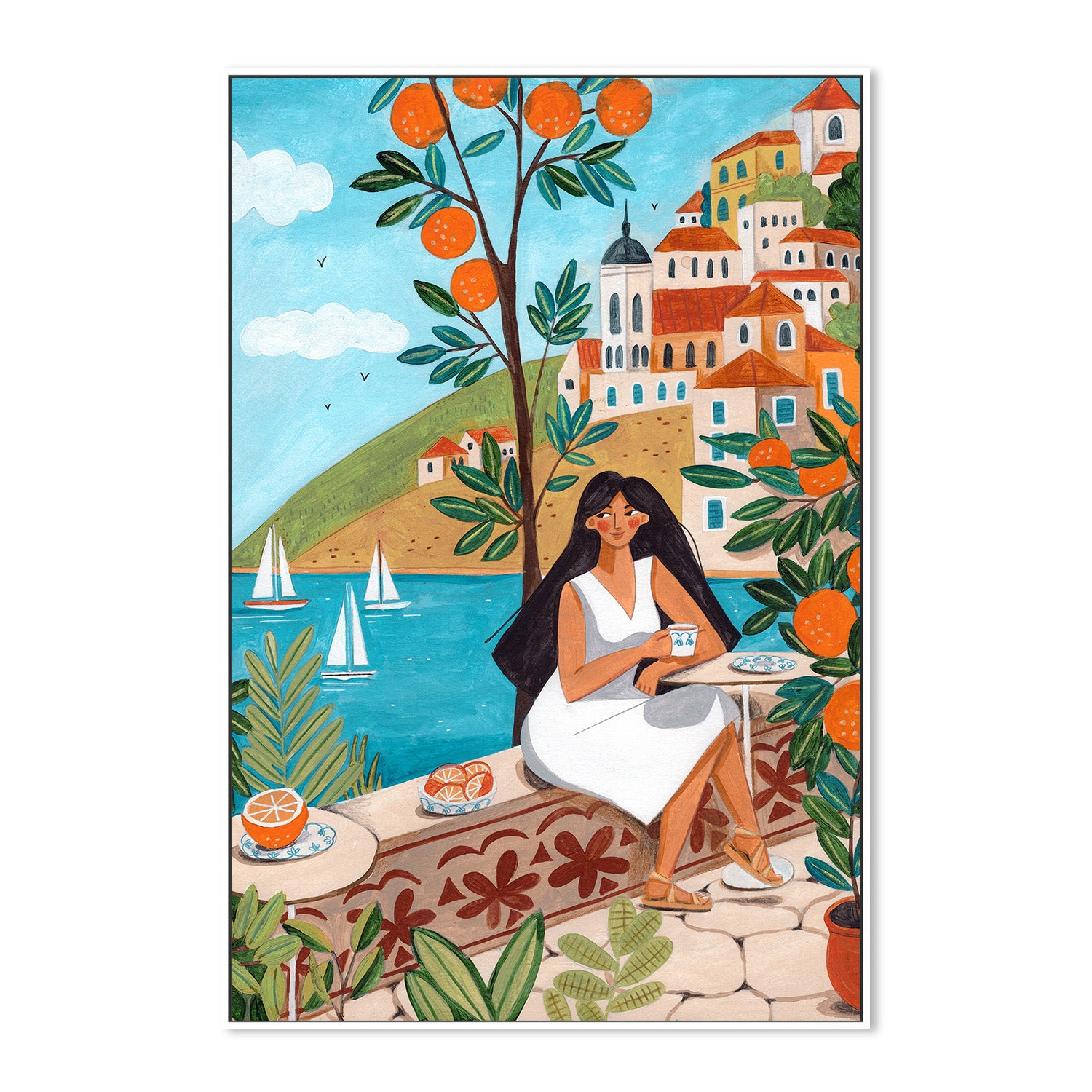 wall-art-print-canvas-poster-framed-Travel poster woman in Mediterranean coast-5