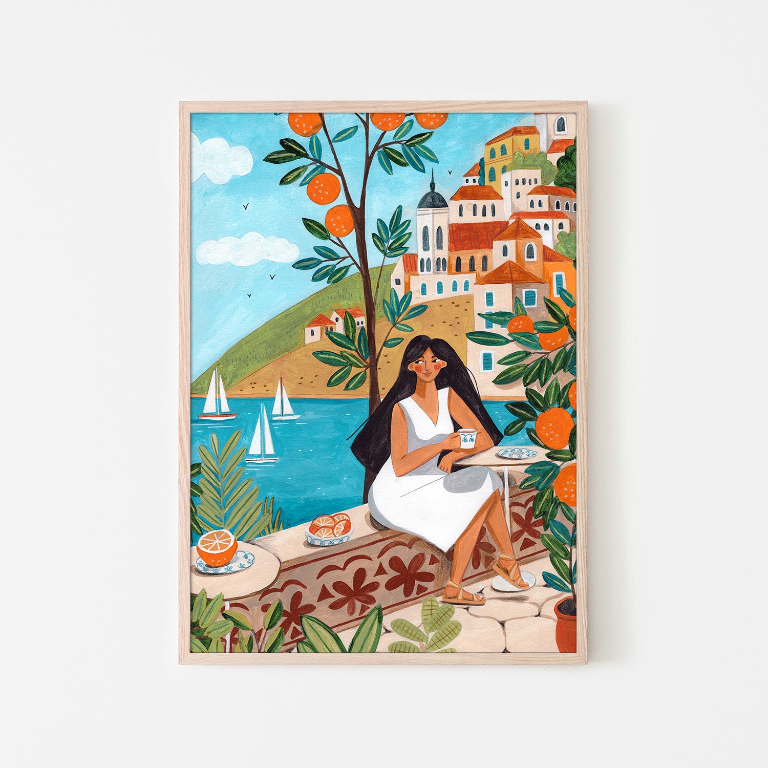wall-art-print-canvas-poster-framed-Travel poster woman in Mediterranean coast-6