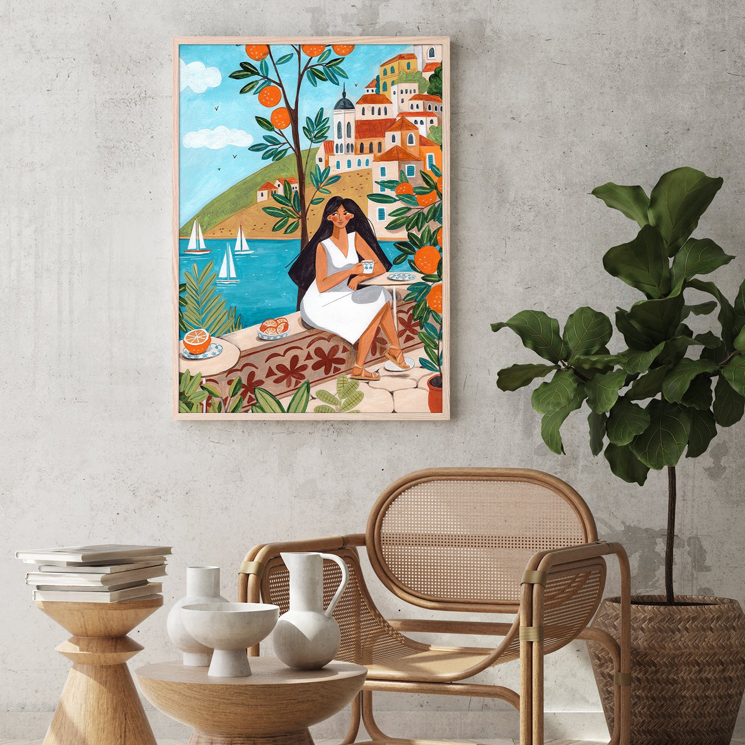 wall-art-print-canvas-poster-framed-Travel poster woman in Mediterranean coast-9