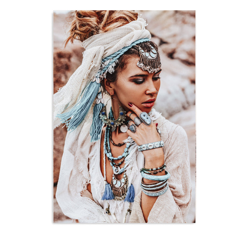 wall-art-print-canvas-poster-framed-Tribal Girl With Blue Boho Accessories-by-Gioia Wall Art-Gioia Wall Art