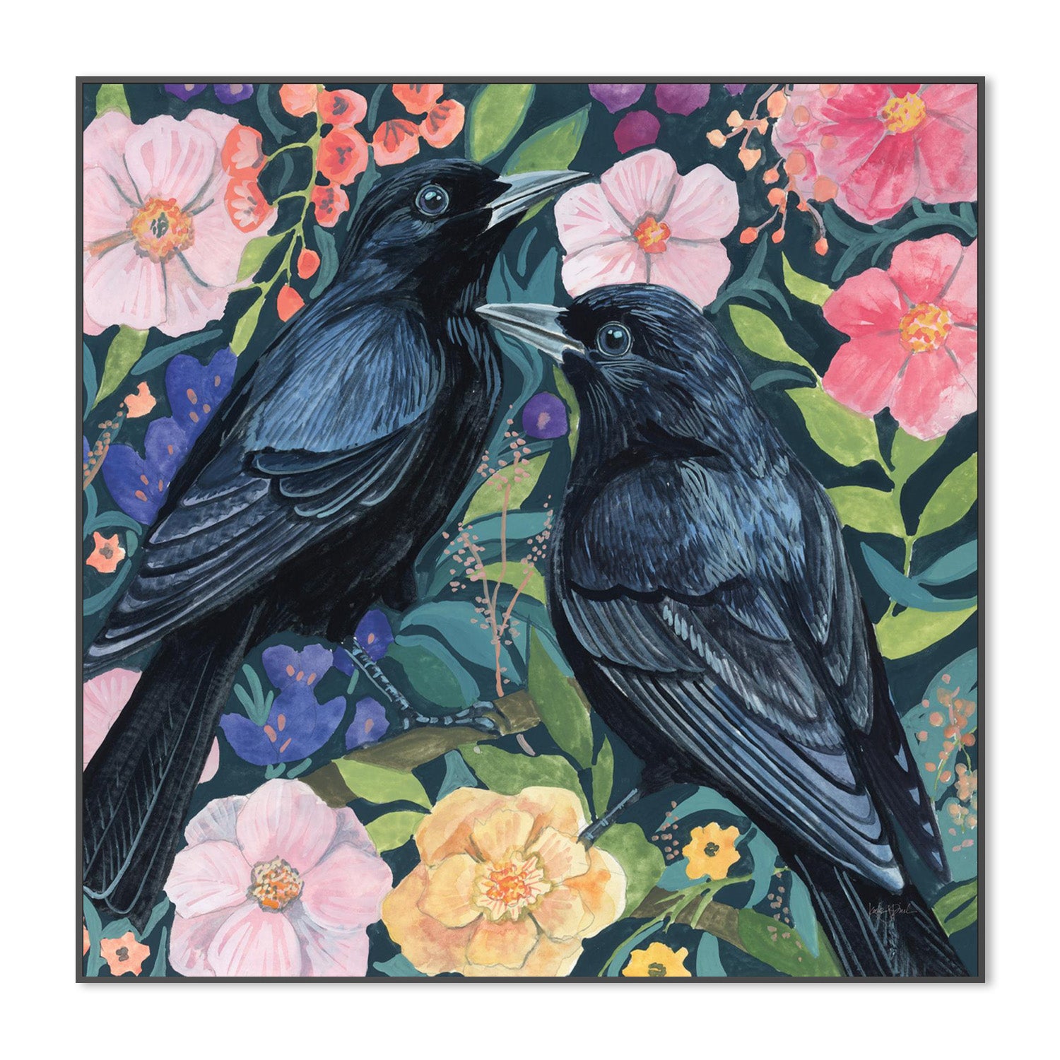 wall-art-print-canvas-poster-framed-Two Crows on Flowers-3