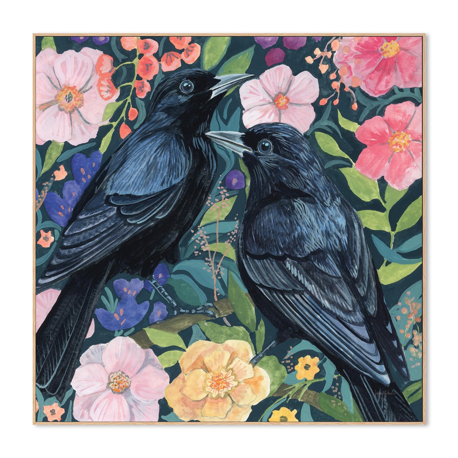 wall-art-print-canvas-poster-framed-Two Crows on Flowers-4