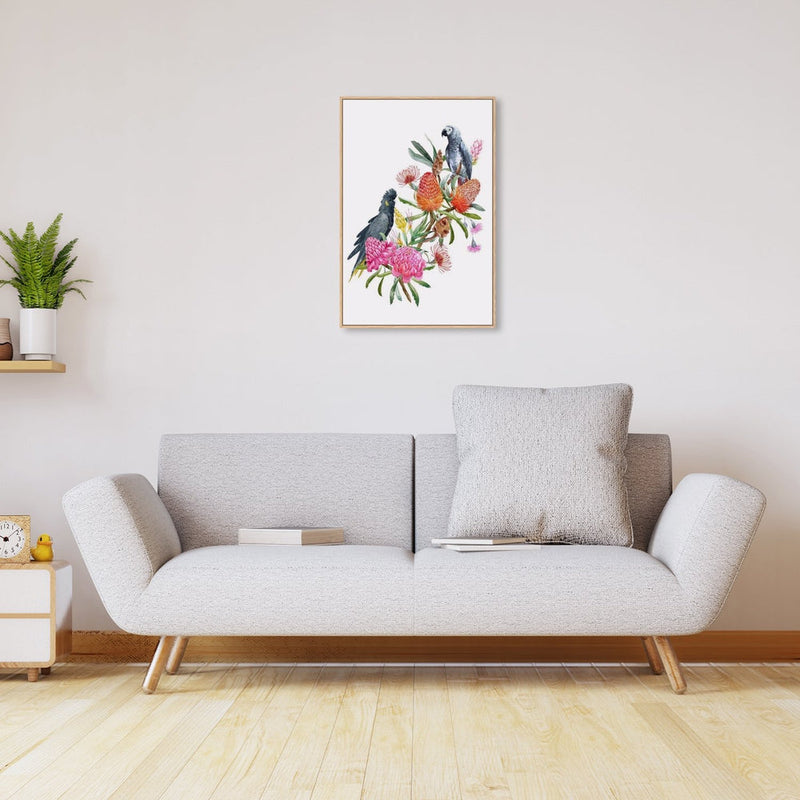 wall-art-print-canvas-poster-framed-Watercolour Australian Floral Bouquet, Banksias Flowers, Eucalyptus, Grey Parrot And Black Cockatoo.-by-Gioia Wall Art-Gioia Wall Art