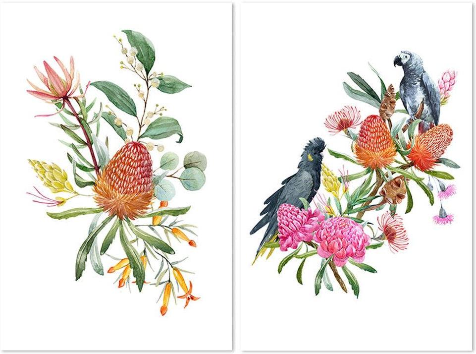 wall-art-print-canvas-poster-framed-Watercolour Bouquet, Banksias,Protea Leaves, Eucalyptus, Parrot And Cockatoo, Set Of 2-by-Gioia Wall Art-Gioia Wall Art