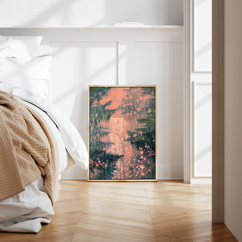 wall-art-print-canvas-poster-framed-Waterfall Among Coniferous Trees And Sakura , By Ekaterina Prisich-2