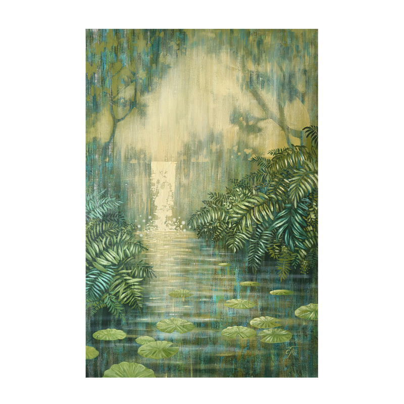 wall-art-print-canvas-poster-framed-Waterfall Among Green Ferns , By Ekaterina Prisich-1