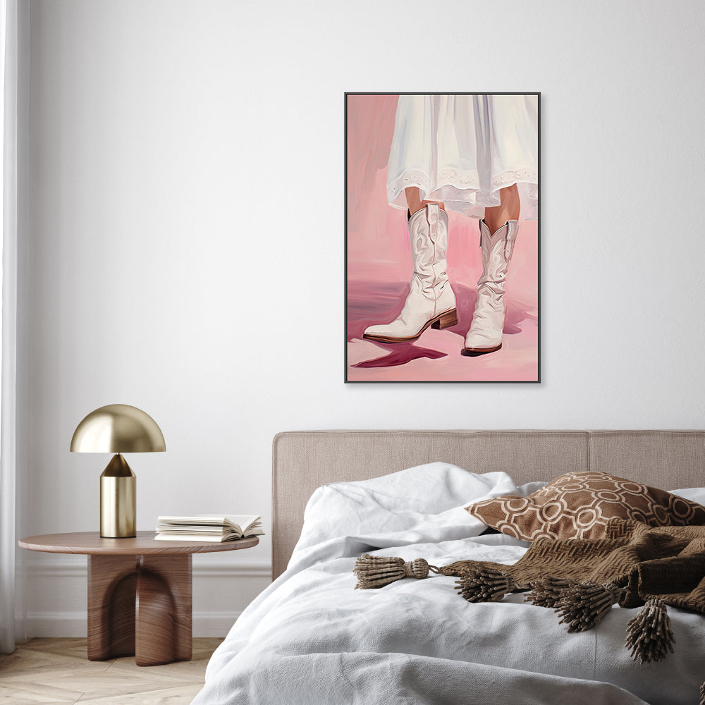 White Cowgirl Boots Wall Art Print Framed Canvas Poster