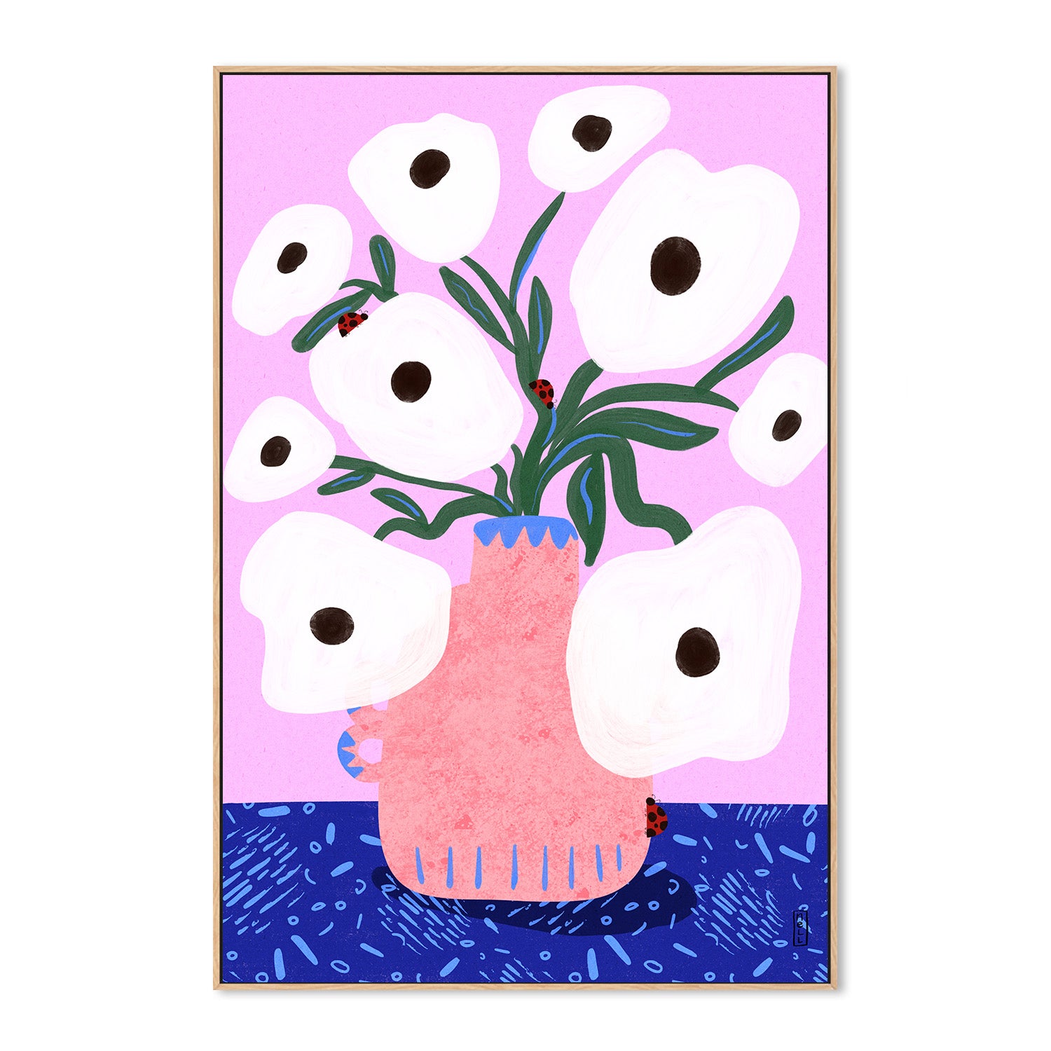 wall-art-print-canvas-poster-framed-White Poppies and Ladybirds Floral Illustration-4