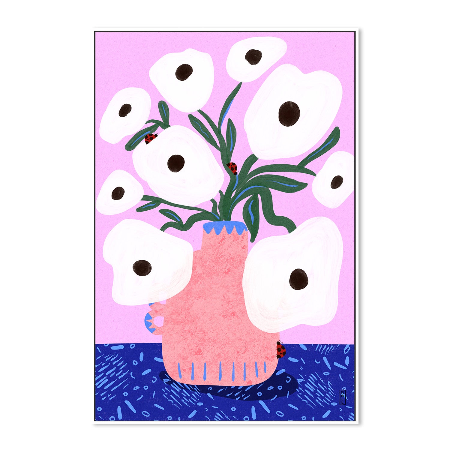 wall-art-print-canvas-poster-framed-White Poppies and Ladybirds Floral Illustration-5